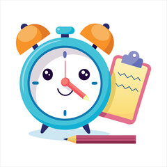 Cartoon alarm clock with a smiling face next to a clipboard and pencil isolated on white background