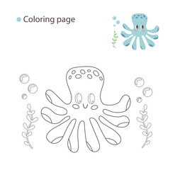 Summer coloring page vector. Cute Octopus Coloring Page for Kids’ Ocean Themed Activities and Educational Projects. Playful Marine Animal with Bubbles and Plants.