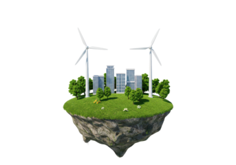 Floating island city with wind turbines. transparent, png,