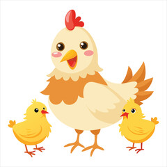 Cartoon hen stands with two chicks isolated on white background