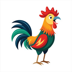 Cartoon rooster with colorful feathers isolated on white background