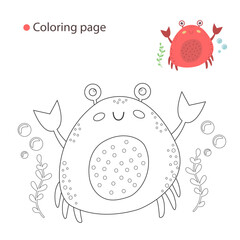 Summer coloring page vector. Kids’ Ocean Animal Coloring Page featuring a Happy Crab with Plants and Bubbles. Perfect for Summer, Marine, or Educational Themes.