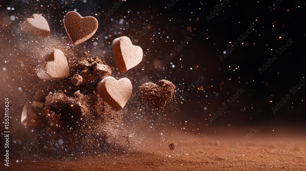 Poster a dramatic scene of heart-shaped objects bursting and creating a cloud of dust, symbolizing love and