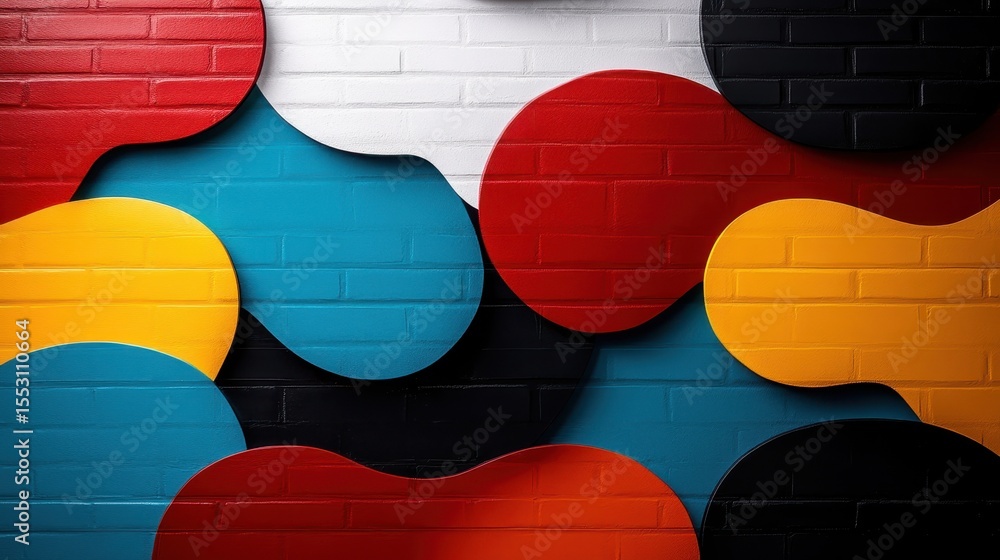 Poster a visually striking wall adorned with colorful abstract shapes, creating a bold artistic statement t