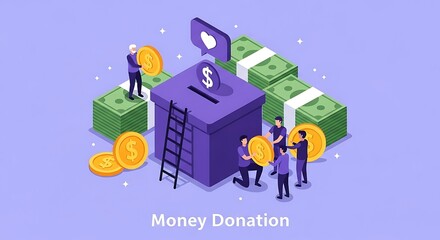 Gleaming golden coins cascade into a deep violet donation box surrounded by generous figures against a pastel backdrop