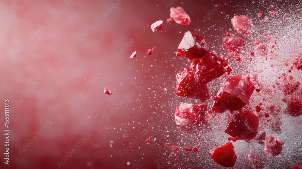 Poster a dynamic depiction of red crystal shards flying through the air, showcasing the beauty of fragmenta