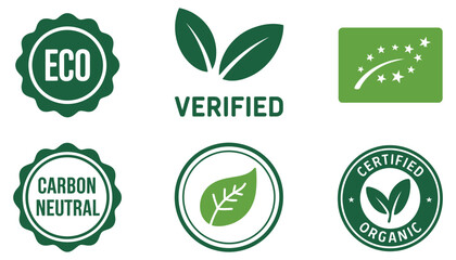 A vector set of green eco organic labels with leaf, plant, and recycle symbols for natural product design