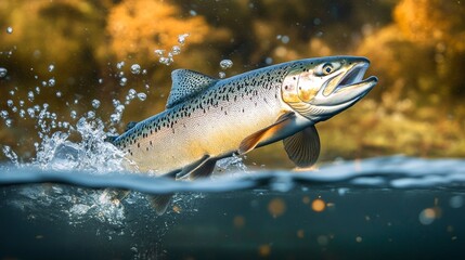 Obraz premium Majestic Salmon Leaping Gracefully Through Crystal Clear River Waters in Natural Aquatic Habitat