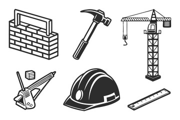 Construction tools and building elements isolated on white background