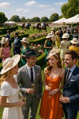 A garden party at a horse racing event. Elegant guests in Old money style attire enjoy drinks. Women wear stylish hats. A crowd watches horses in the background. High society