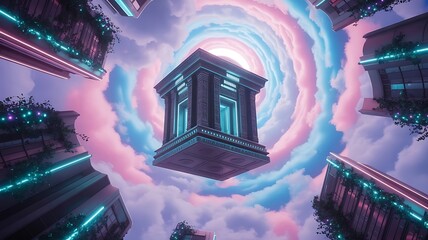 a surreal dreamscape blending futuristic neon cityscapes with floating ancient temples, illuminated by bioluminescent flora under a pastel sky.
