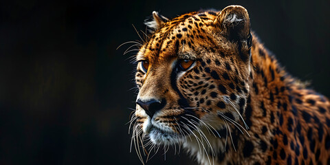 Obraz premium Close-up of leopard head with striking orange coat black rosettes and intense eyes against dark background