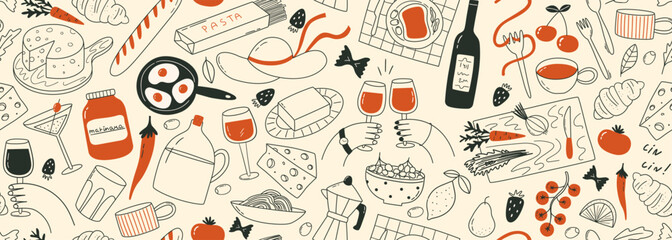 Seamless vector banner with hand drawn doodle illustrations of italian food and drinks. Line art dinner party drawings on wide background. La dolce vita pattern