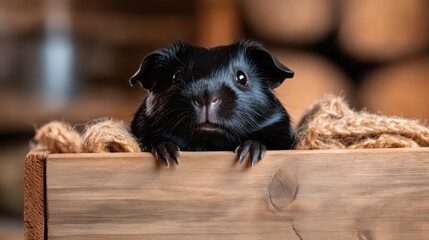 An adorable black guinea pig peeking over the edge of a wooden box, showcasing its cute features and playful nature, perfect for pet-themed content.