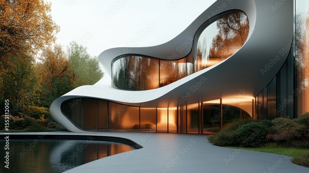 Poster a stunning display of futuristic architecture with smooth, flowing lines and large glass windows, cr