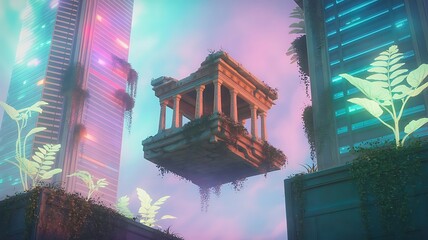 a surreal dreamscape blending futuristic neon cityscapes with floating ancient temples, illuminated by bioluminescent flora under a pastel sky.