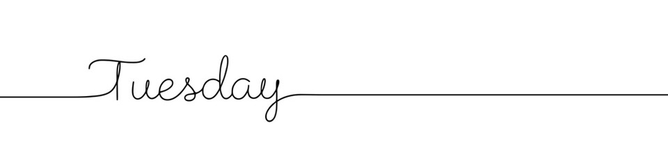 Tuesday inscription continuous one line drawing with word. Minimalistic drawing of phrase illustration.