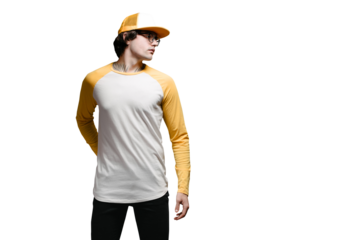 Man model with beard wearing white and yellow blank Long Sleeve Shirt for mock up and a baseball cap with space for your logo or design