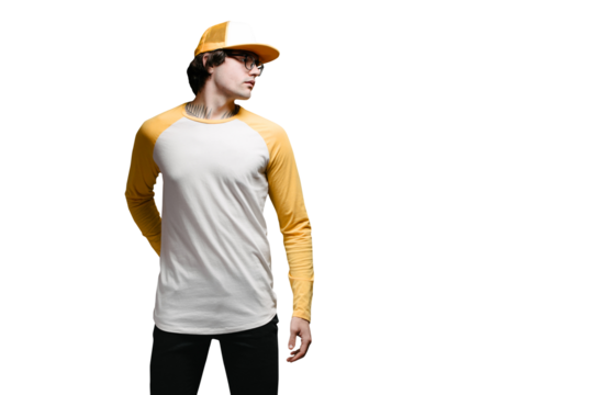 Man model with beard wearing white and yellow blank Long Sleeve Shirt for mock up and a baseball cap with space for your logo or design - Powered by Adobe