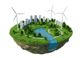 Sustainable city on an island, featuring wind turbines and lush greenery. transparent, png,