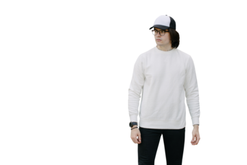 Man wearing white sweatshirt or hoodie, baseball cap and glasses. Sweatshirt or hoodie for mock up, logo designs or design prints with free space