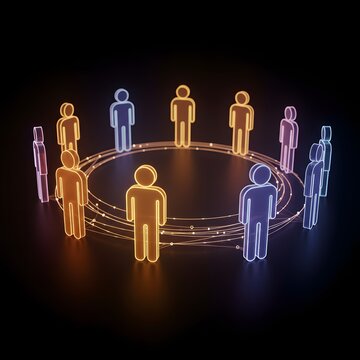 Global Network Connection Illuminated Figures in a Circle Representing Worldwide Collaboration and Communication