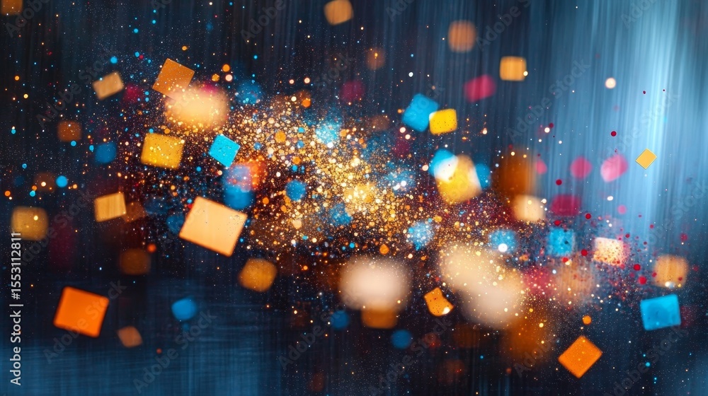 Poster dynamic display of vibrant particles dancing in harmony, creating a colorful abstract digital dream
