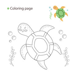 Summer coloring page vector with cute turtle. Kids’ Ocean and Marine Activities. Ideal for Educational Projects.