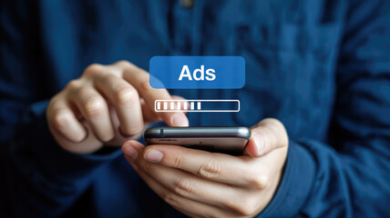 A person is using a cell phone to access ads. Concept of technology and the role it plays in our daily lives. Scene is somewhat serious, as the person is focused on the task at hand