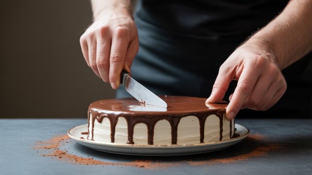 Male hands slicing delicious chocolate drip cake on dark surface - Powered by Adobe
