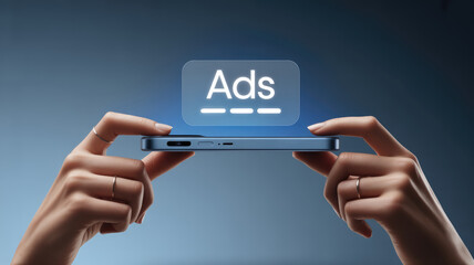 A person is using a cell phone to access ads. Concept of technology and the role it plays in our daily lives. Scene is somewhat serious, as the person is focused on the task at hand