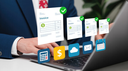 A man is using a laptop with a screen that shows a receipt and a calendar. Concept of managing finances and keeping track of important dates