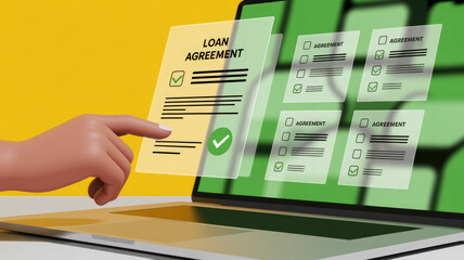 A person is pointing at a laptop screen that displays a loan agreement. Concept of financial responsibility and the importance of understanding the terms of a loan agreement