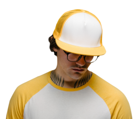 Hipster handsome male model wearing yellow blank baseball cap with space for your logo over gray background