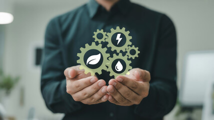 A man is holding a green gear with a green leaf on it. Concept of sustainability and environmental consciousness