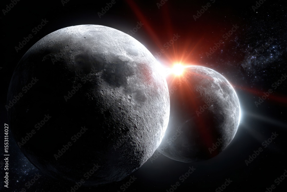 Poster celestial event with two moons creating a stunning eclipse in deep space
