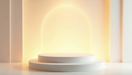 Two Tiered White Podium Soft Yellow Backdrop off white