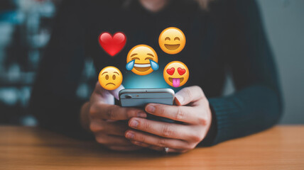 A woman is holding a cell phone with a screen that displays various emojis. The emojis include a heart, a laughing face, a sad face, and a tongue sticking out