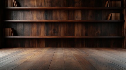 The empty wooden shelves set against a dark background provide a minimalist aesthetic ideal for showcasing products or books, emphasizing simplicity and elegance.