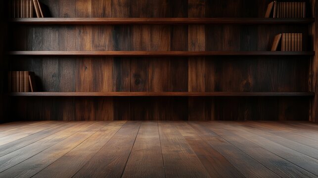 The empty wooden shelves set against a dark background provide a minimalist aesthetic ideal for showcasing products or books, emphasizing simplicity and elegance.
