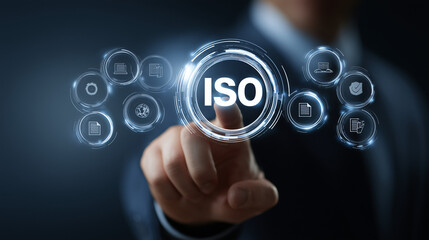 ISO certification and quality management concept with businessman touching global interface and document icons. Ideal for standard compliance, auditing, enterprise quality, and policy assurance