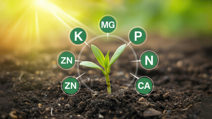 A plant is surrounded by a circle of minerals and vitamins. The circle is divided into sections, each of which contains a different mineral or vitamin