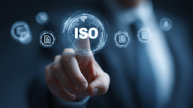 ISO certification and quality management concept with businessman touching global interface and document icons. Ideal for standard compliance, auditing, enterprise quality, and policy assurance