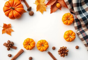 Fototapeta premium White backdrop, mini pumpkins, fall leaves, acorns, cinnamon sticks, wool, plaid, arrangement, plaid