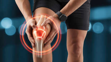A man is holding his knee in pain, with a red and white knee brace. Concept of discomfort and vulnerability, as the man is in a vulnerable position, unable to move his knee without assistance