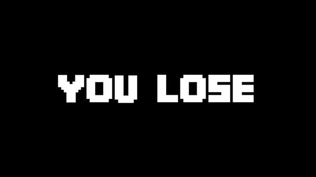Pixel art YOU LOSE text, Retro game lose animation, 8-bit defeat screen, Arcade game message, Black pixel background, Game over text, Animated loss display, You lose animation for retro games, video.