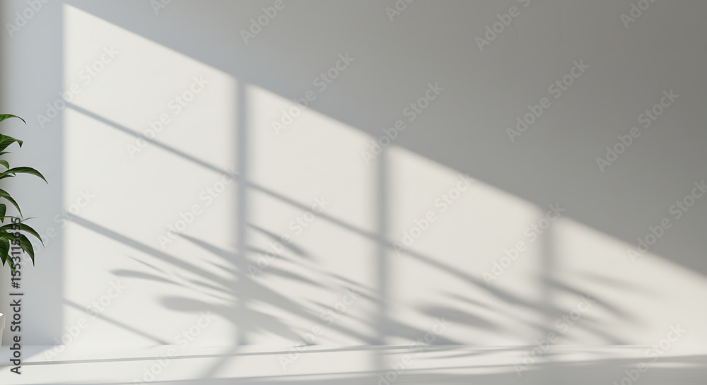 Poster a bright, empty white room with prominent shadows from a window and a plant, creating a minimalist b