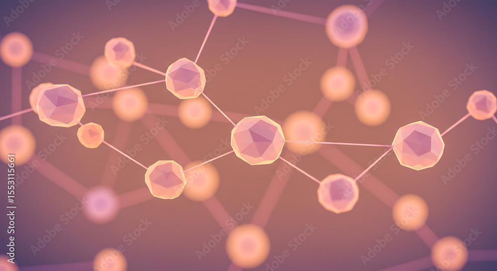 Poster an abstract visualization of a network of interconnected, low-poly nodes or molecules against a warm