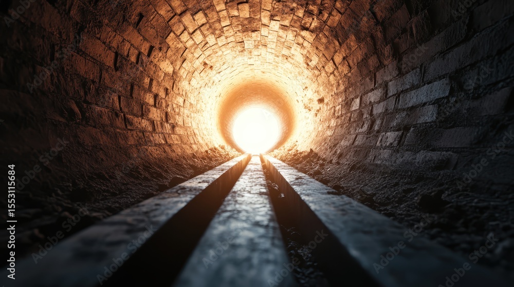 Poster an intriguing view of a dark, brick tunnel that leads to an inviting light, symbolizing hope and exp