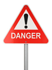 Red exclamation danger sign for warning messages. Suitable for safetythemed designs, hazard alerts, caution symbols in presentations, posters, and websites.